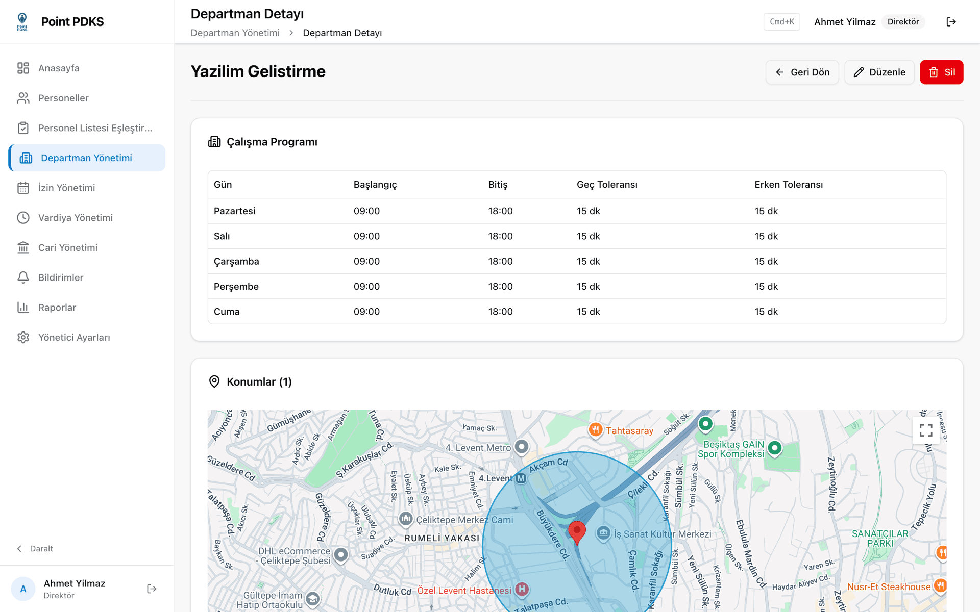 Departman konum ayarı — harita üzerinde geofence yarıçapı