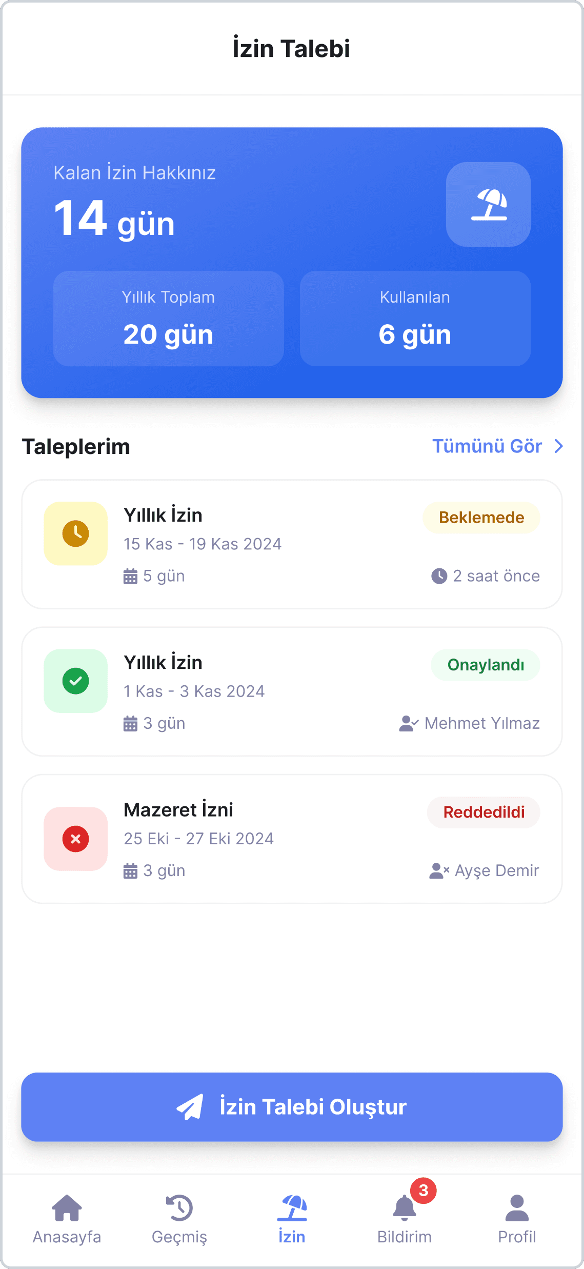 Point PDKS mobil uygulaması — izin talepleri ekranı